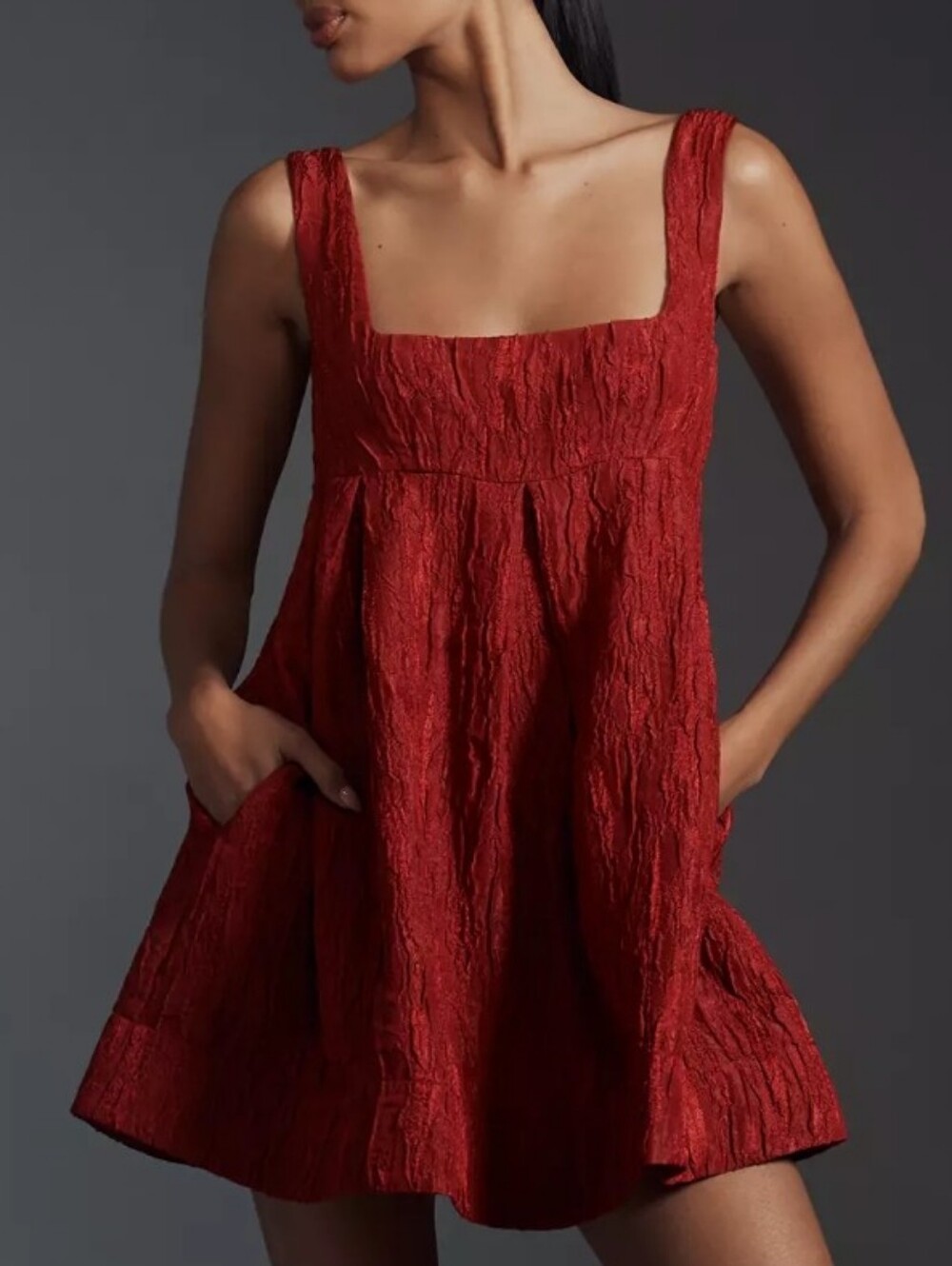 Anthropologie Textured Wine-Red Pleated A-Line Dress